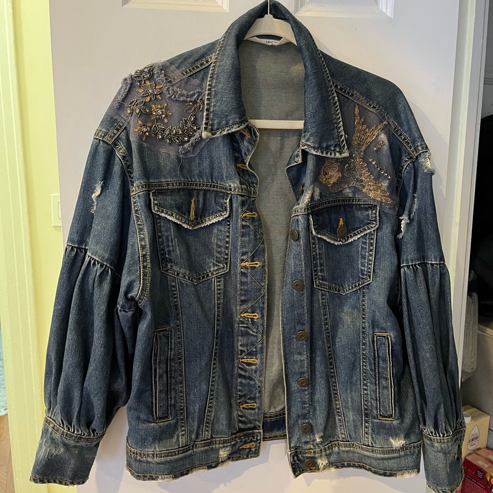 Zara Denim Jean Jacket with embellishments, Size Small but fits loose